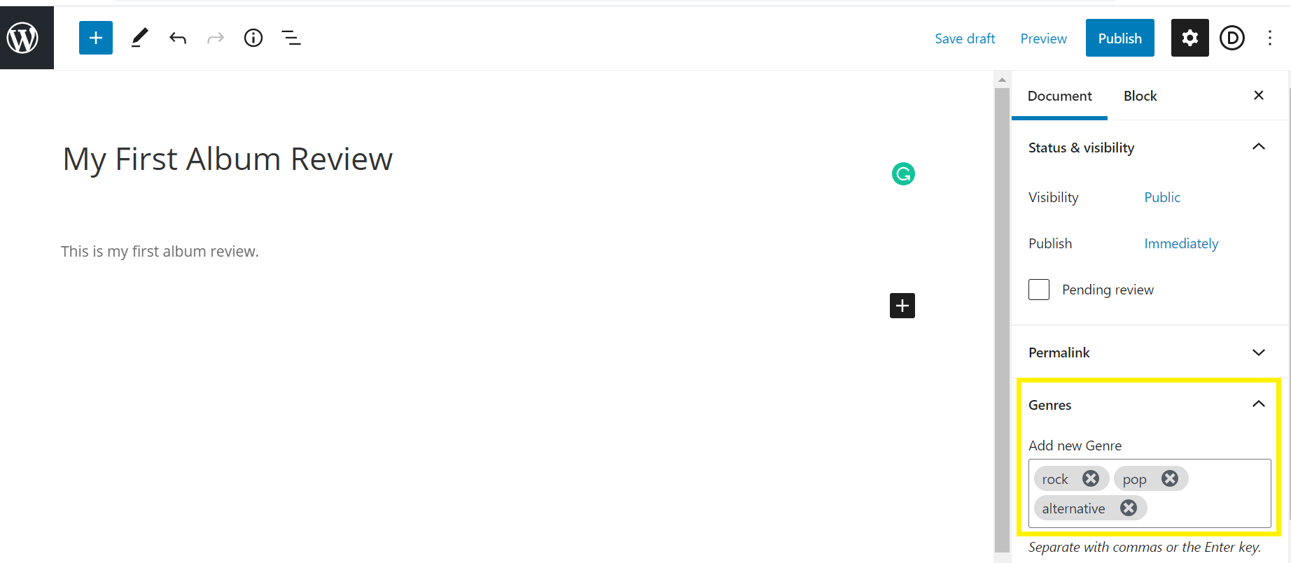 Taxonomía de tipo de publicación personalizada creada con la interfaz de usuario de publicación personalizada.