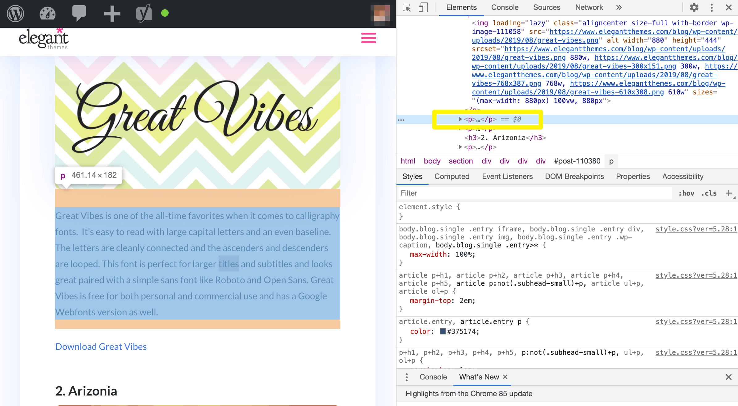 Seleccione un elemento de texto en Chrome Inspector.