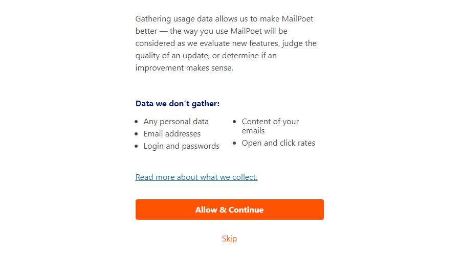 Al elegir enviar datos anónimos a MailPoet.
