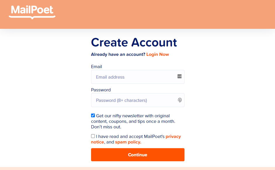 Crea una cuenta de MailPoet.