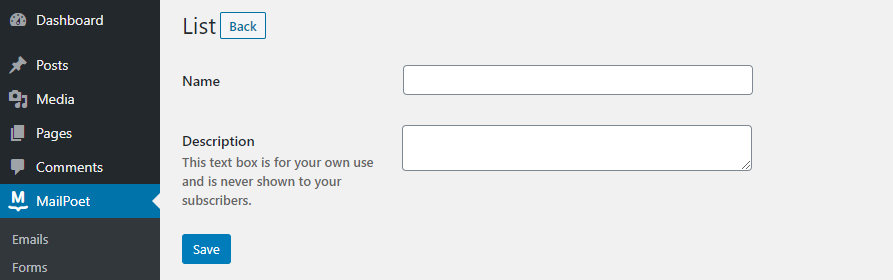 Agregar una nueva lista de correo a MailPoet.