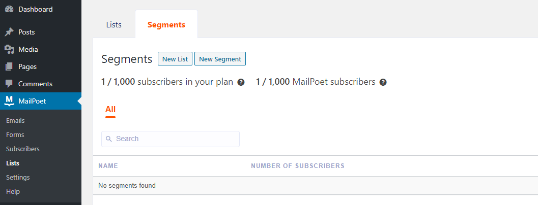Cree un nuevo segmento de MailPoet.