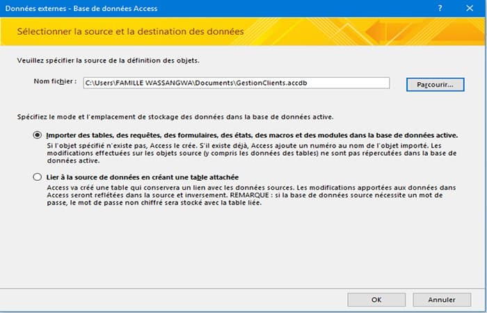 Selección de objetos para importar a una base de datos de Access