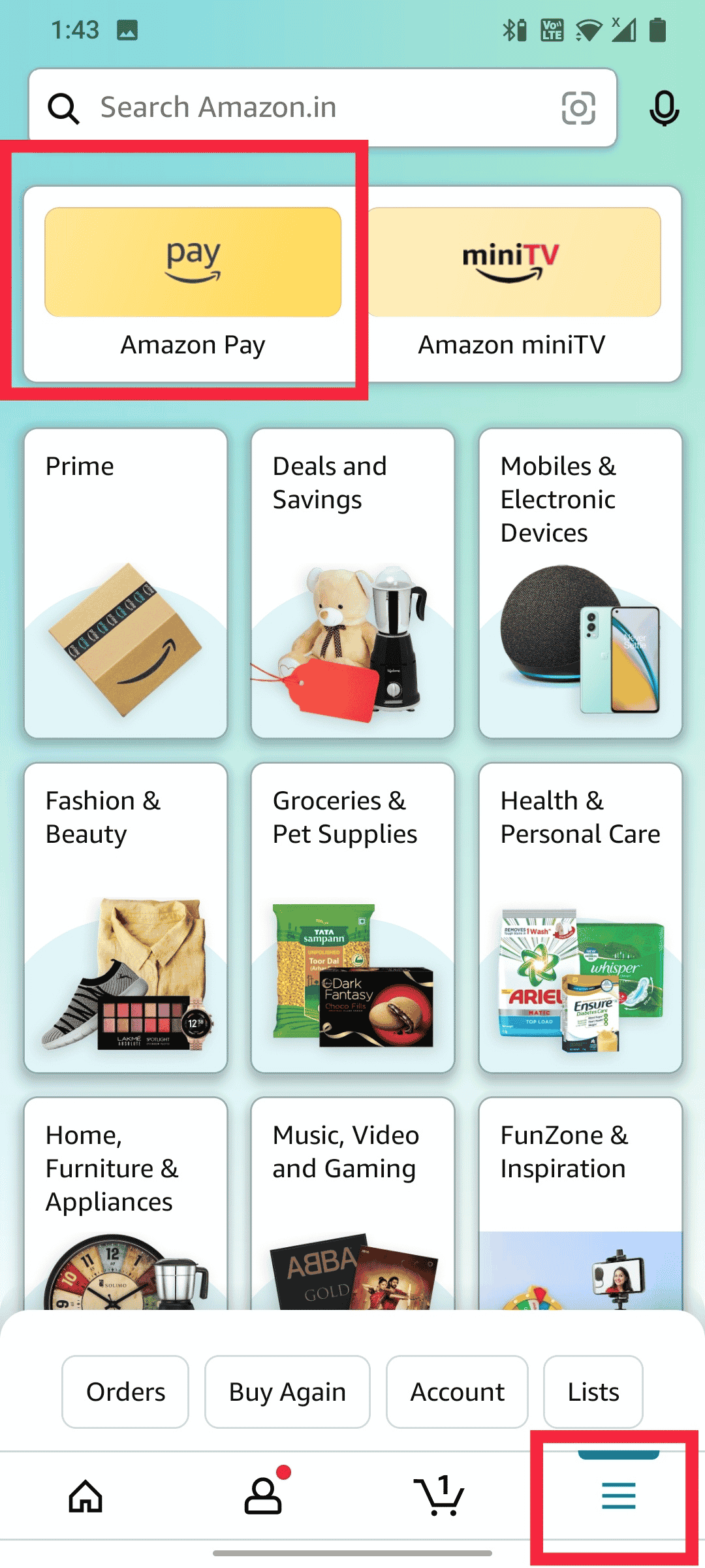 Ve a tu pantalla de inicio.  Seleccione la opción Regalar en el menú desplegable de Amazon Pay