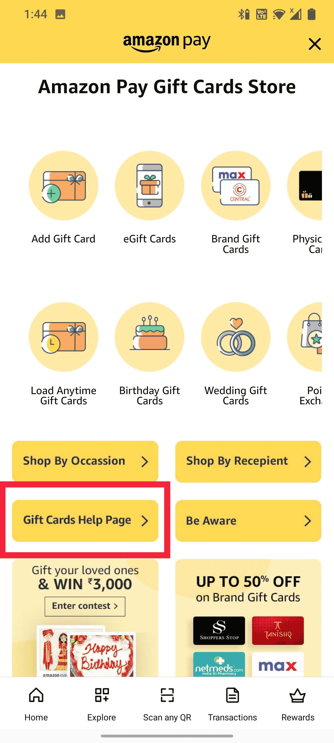 Opción de ayuda de tarjetas de regalo en la aplicación de Amazon |  transferir el saldo de la tarjeta de regalo a la cuenta bancaria