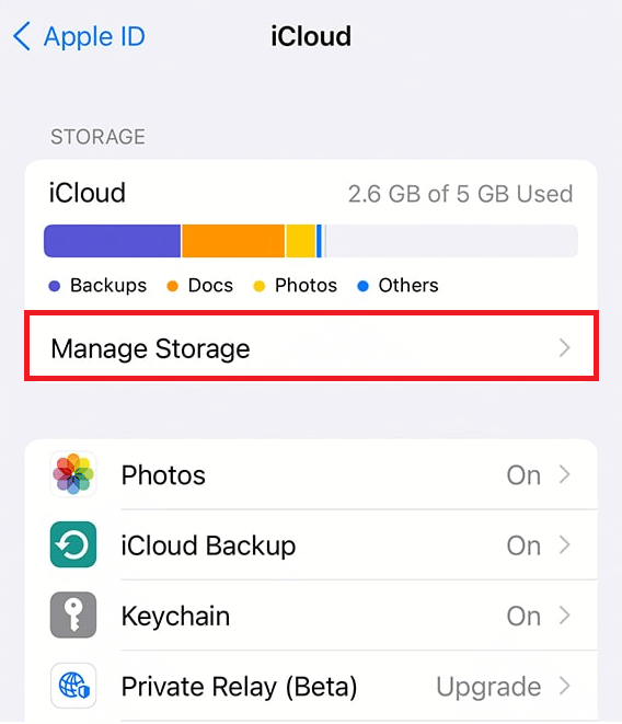 Toca Administrar almacenamiento.  |  eliminar mensajes de iCloud