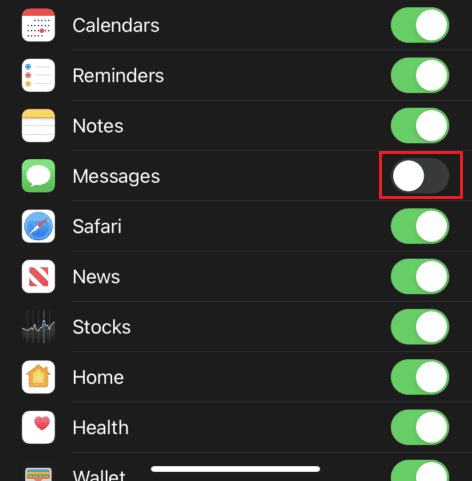 Apague la palanca para la opción Mensajes |  Cómo eliminar mensajes de iCloud