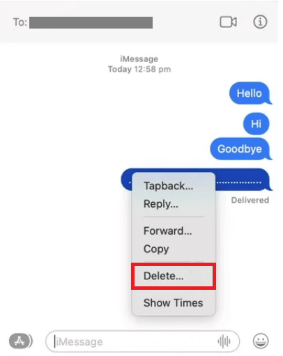 Control-clic en el mensaje que desea eliminar y luego haga clic en Eliminar.  |  eliminar mensajes de iCloud
