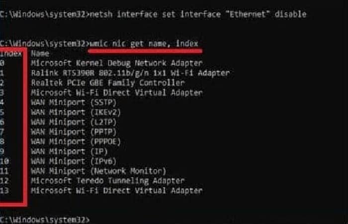 wmic nic obtener nombre, índice