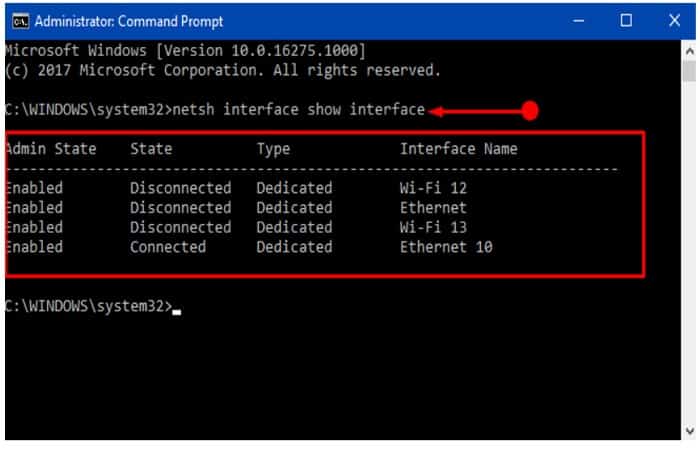 netsh interface show interface