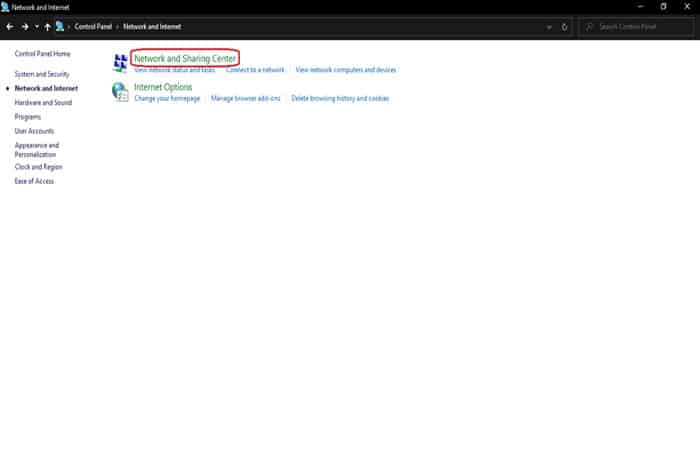 pestaña Red e Internet
