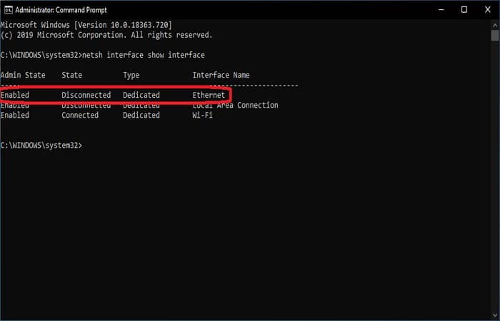 interfaz netsh mostrar interfaz 