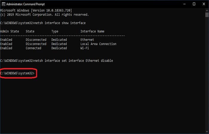 interfaz netsh establecer interfaz Ethernet deshabilitar