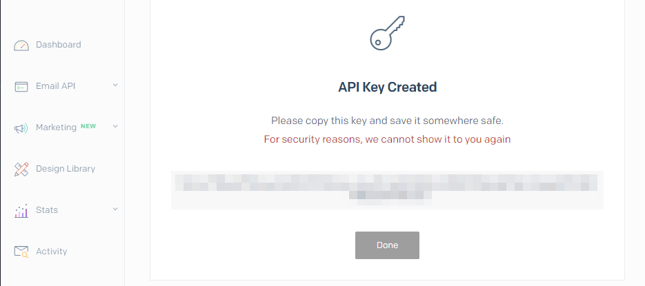 Copiando la nueva clave API de SendGrid.