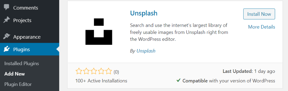 Instalación del complemento de WordPress Unsplash