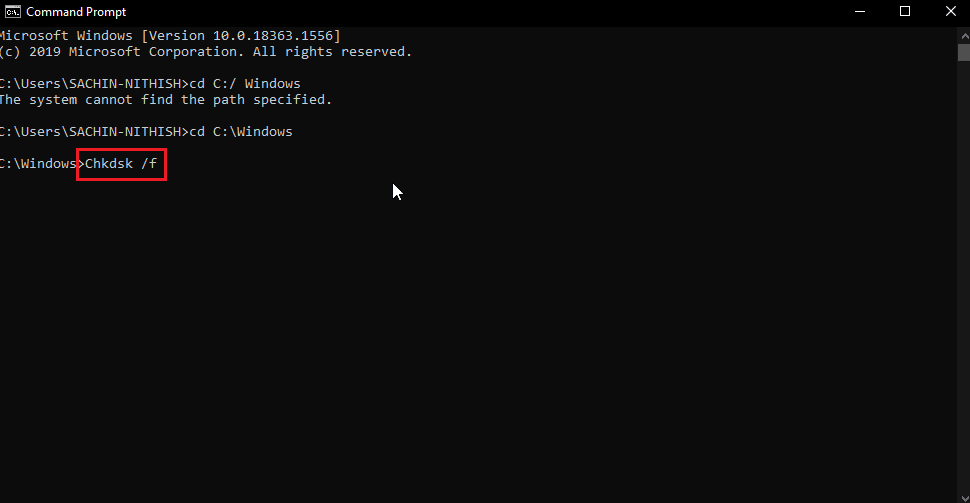 ingrese el comando chkdsk f