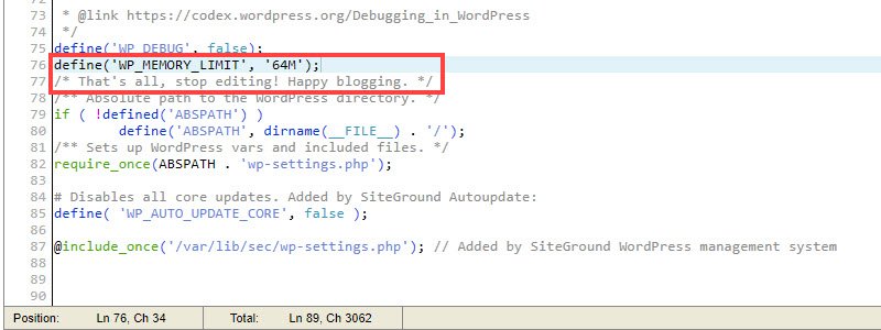 captura de pantalla del límite de memoria wp