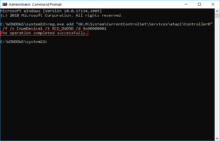 exe agrega "HKLM System CurrentControlSet Services atapi Controller0" / f / v EnumDevice1 / t REG_DWORD / d 0x00000001