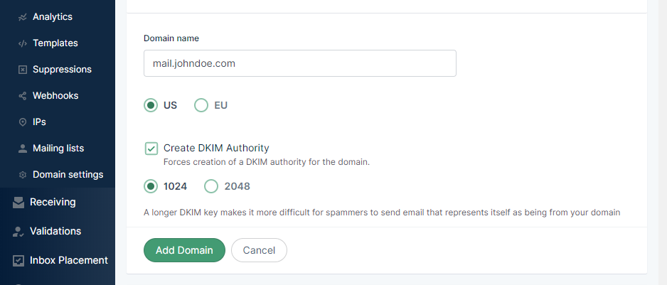 Elegir un dominio para agregar a Mailgun.