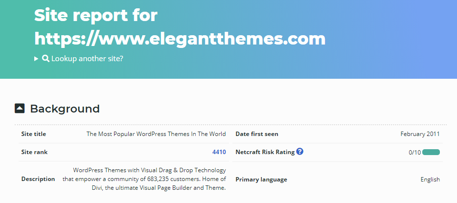 Página de información de Netcraft para temas elegantes que muestran de qué está hecho un sitio web.