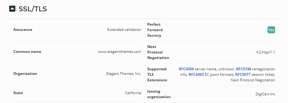 Información sobre el certificado SSL Elegant Themes.