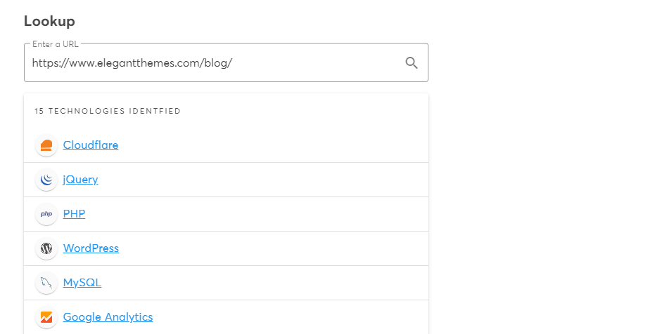 Página de resumen de Wappalyzer que muestra de qué está hecho el sitio web.