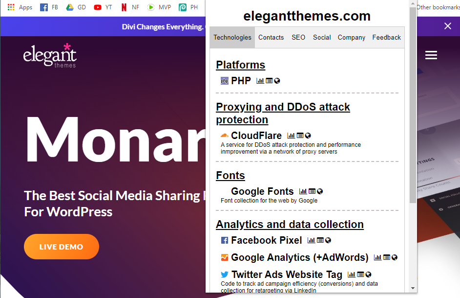 Información de la pila de software de Webspotter que muestra a partir de qué se creó el sitio.