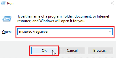 ingrese msiexec regserver para registrar el instalador de Windows y haga clic en Aceptar. Solucionar error al aplicar transformaciones en Windows 10