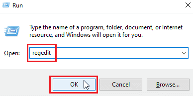 escriba regedit y haga clic en Aceptar