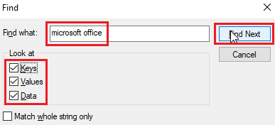 ingrese el nombre del producto que recibe el error, luego marque todas las casillas de verificación y haga clic en buscar siguiente