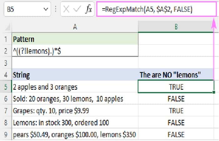 =RegExpMatch (A5, $A$2, FALSE)