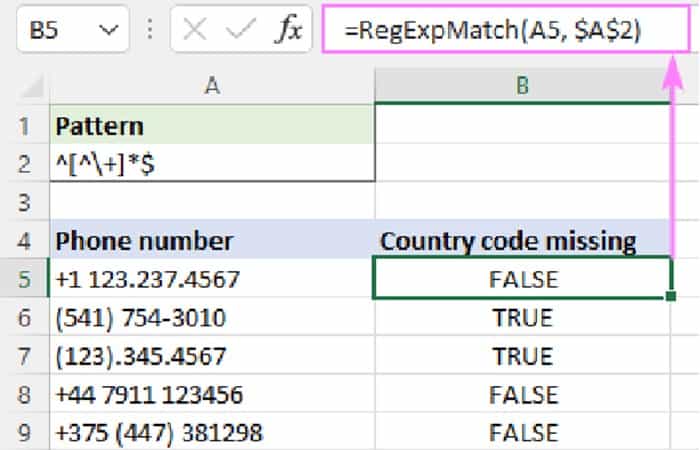 =RegExpMatch(A5, "^[^+]*$")