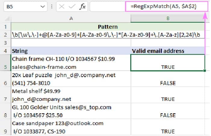 =RegExpMatch (A5, $A$2)