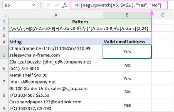 =IF (RegExpMatch(A5, $A$2,), "Yes", "No")