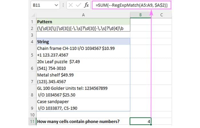 =SUM(--RegExpMatch(A5:A9, $A$2))