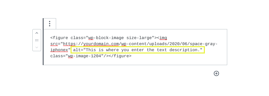 Código HTML para la etiqueta de la imagen en WordPress.