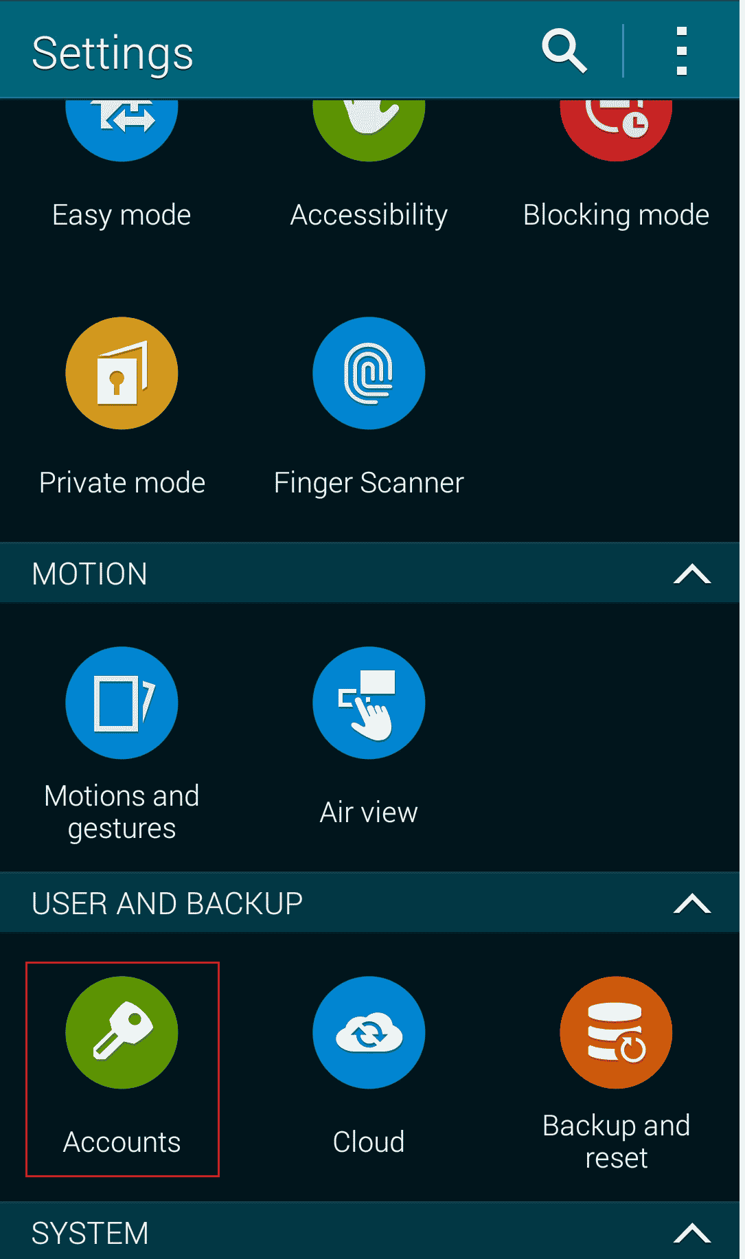 Deslice hacia abajo y toque Cuentas en la sección USUARIO Y RESPALDO | Cómo deshacerse de Picasa en Samsung Galaxy S5
