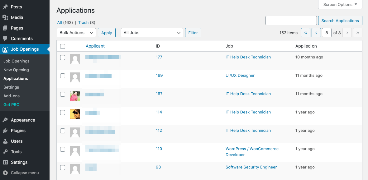 Visualización de la aplicación en WP Job Openings.