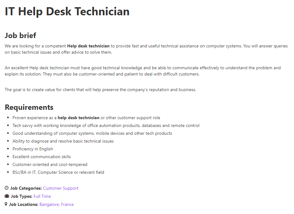 Requisitos para el puesto en WP Job Openings.