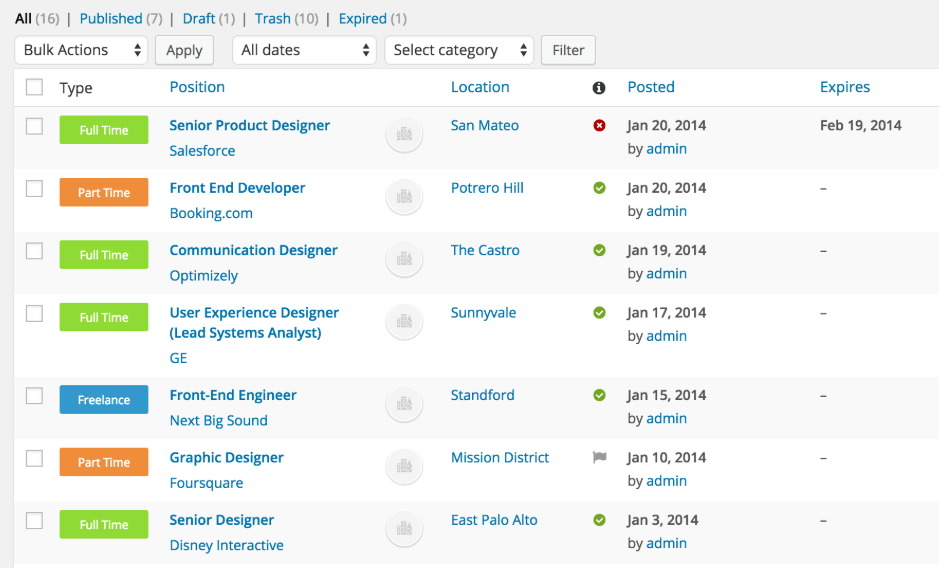 Lista de tareas en WP Job Manager.