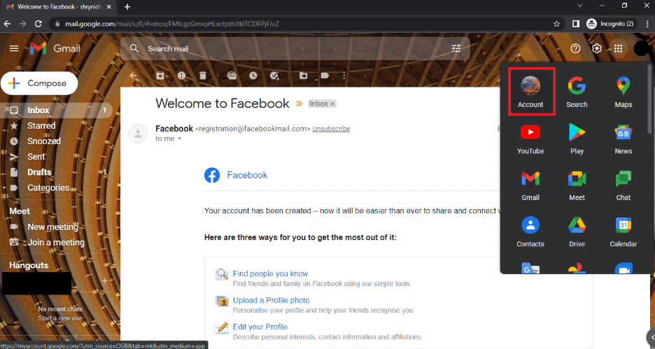 Haga clic en el botón Cuenta.  Cómo cambiar mi imagen de Google a GIF animado