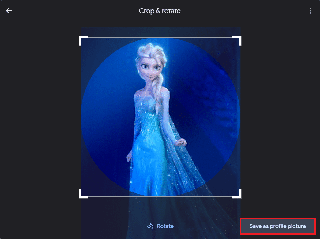 En la ventana Recortar y rotar, seleccione el área que desea mostrar y luego haga clic en el botón Guardar como imagen de perfil