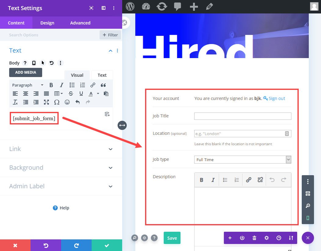 usando divi para procesar el código abreviado de envío de trabajo