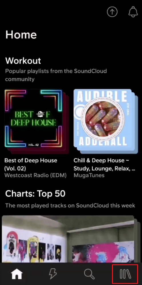 Toca el icono de la biblioteca en la barra inferior |  Cómo restablecer tu contraseña de Soundcloud
