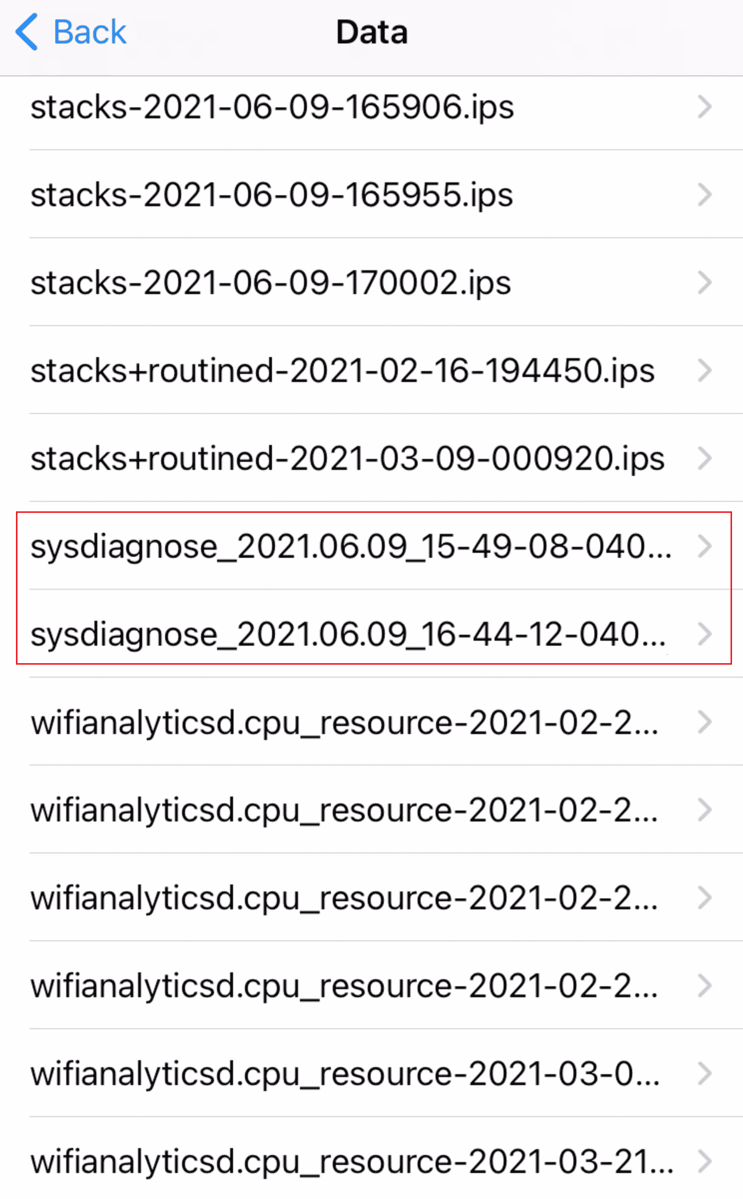 Deslice hacia abajo para ubicar y toque el archivo de registro de sysdiagnose