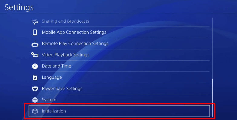 Una vez que esté en el menú de configuración, debe desplazarse hasta la última opción de Inicialización y hacer clic en ella.  |  ¿La inicialización de PS4 elimina la cuenta de PSN?