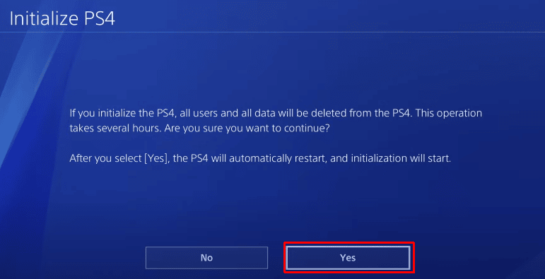Ahora, el paso final es seleccionar Sí, esto iniciará su proceso de inicialización en su PS4 y tomará alrededor de 2 horas restablecer su dispositivo de fábrica. 