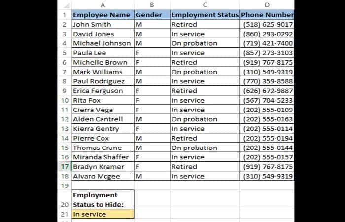 Ocultar filas basadas en valores