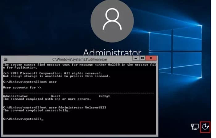 copy cmd.exe Utilman.exe