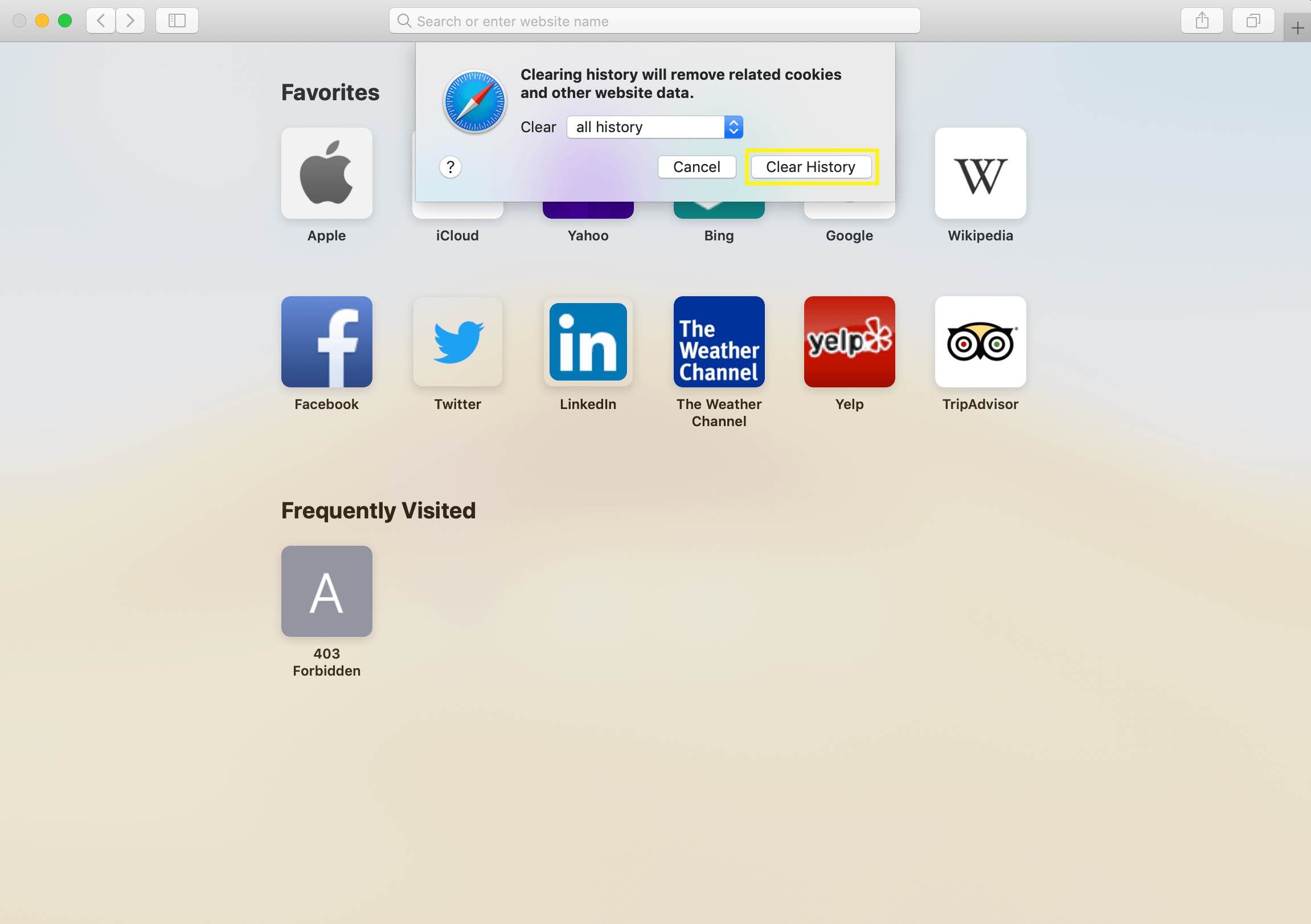 Borre todo el historial para borrar la memoria caché del navegador en Safari.